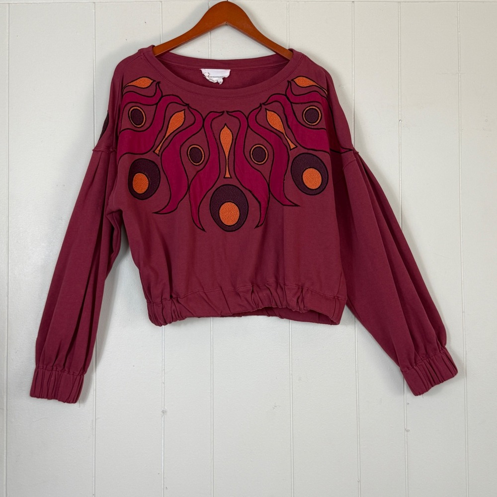 Anthropologie Womens Patchwork Boho Embroidered Balloon Sleeve Sweatshirt Size M